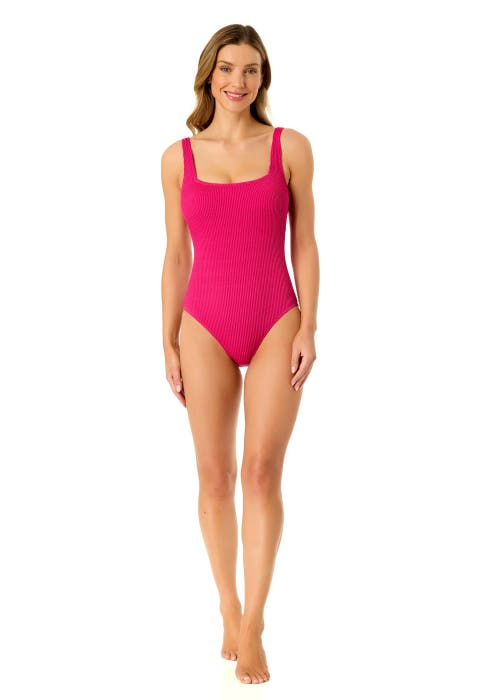 Shop Anne Cole Textured Classic Square Neck One Piece Swimsuit In Fandango Pink