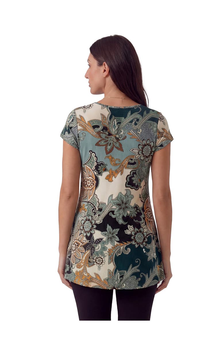 24seven Comfort Apparel Maternity Basic Floral Print V-Neck Short Sleeve Flared Tunic Top, Alternate, color, Green Multi