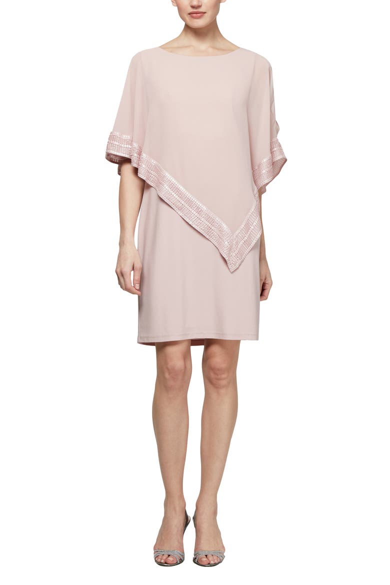 Foil Trim Asymmetrical Popover Capelet Sheath Dress, Main, color, FADED ROSE SILVER