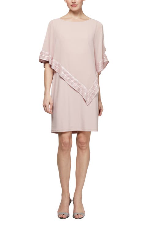 Foil Trim Asymmetrical Popover Capelet Sheath Dress