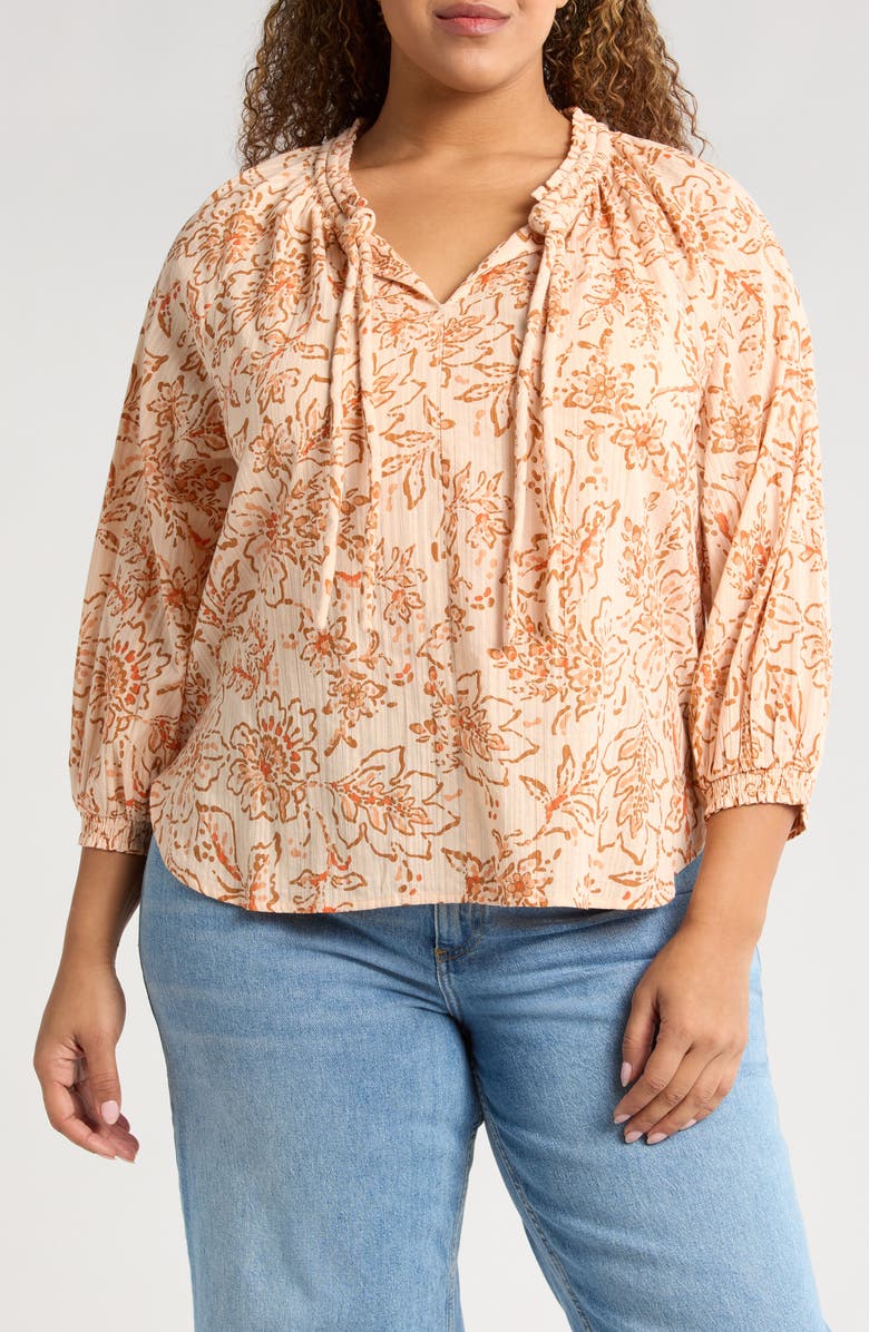 Wit & Wisdom Floral Cotton Peasant Top, Main, color, Peach Pie/ Clementine Multi