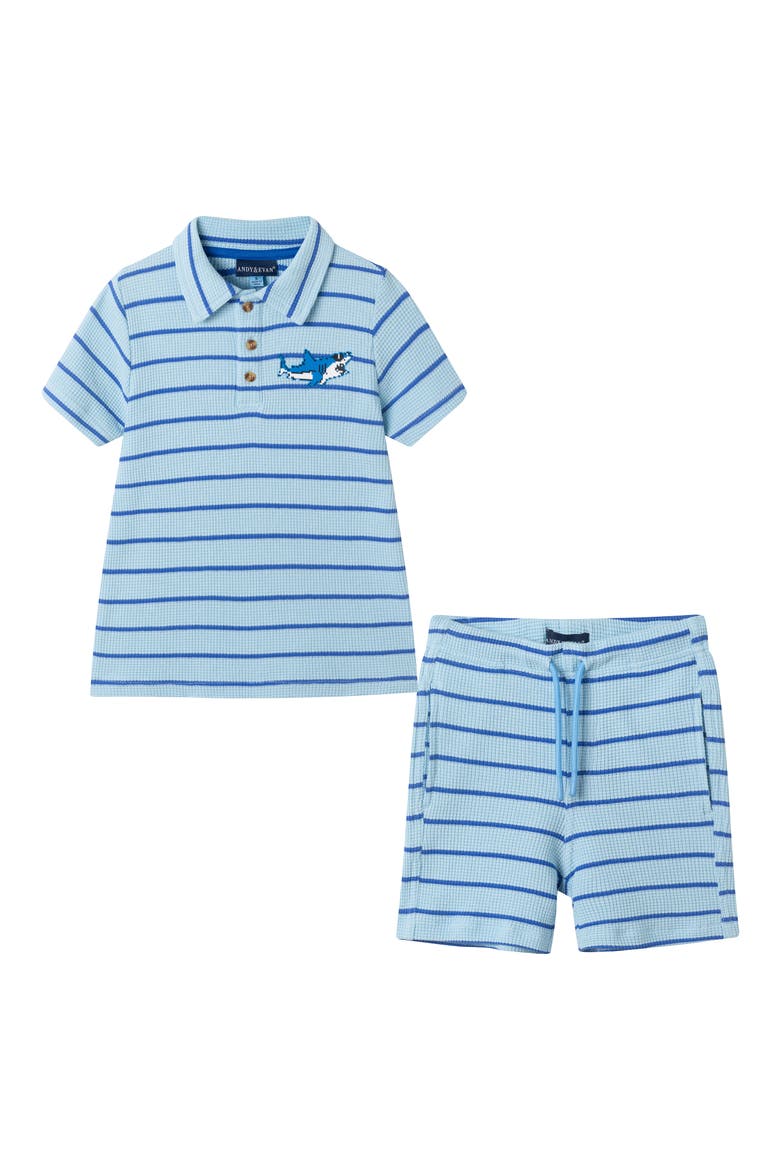 Kids' Waffle Knit Polo & Shorts Set, Main, color, LIGHT BLUE STRIPE