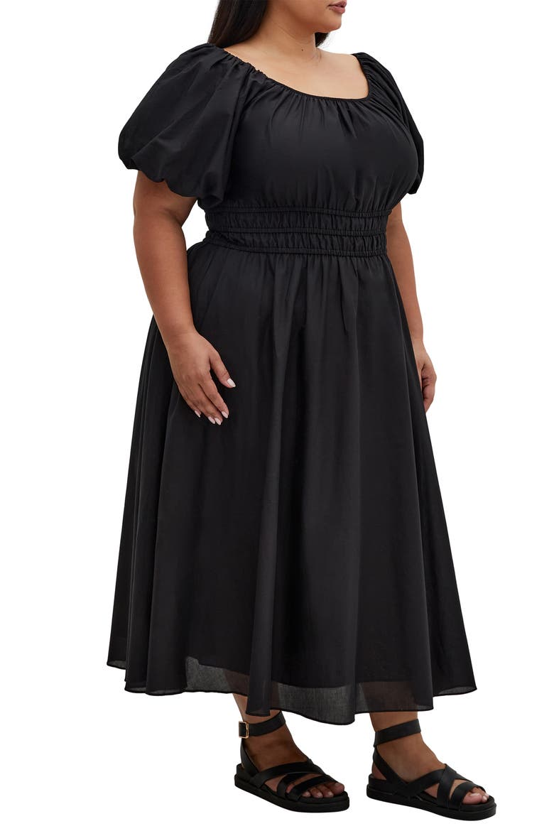 Lillian Puff Sleeve Cotton Midi Dress, Alternate, color, BLACK