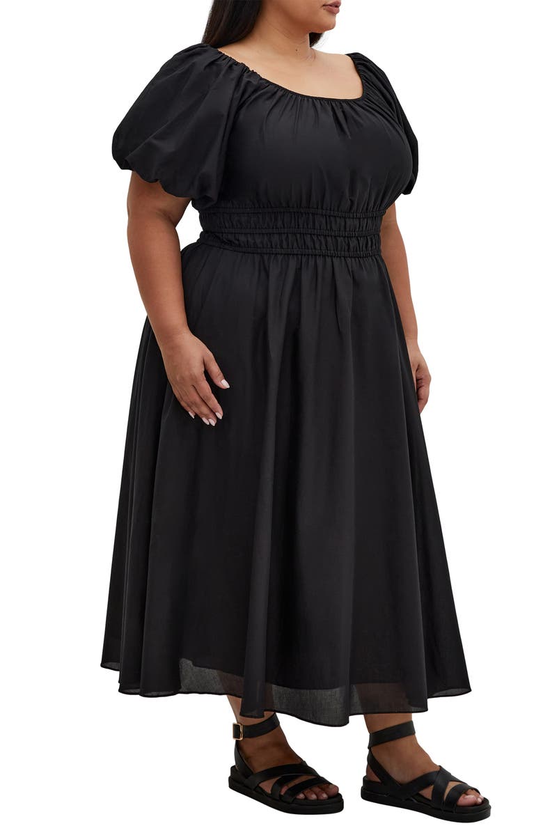 City Chic Lillian Puff Sleeve Cotton Midi Dress, Alternate, color, Black