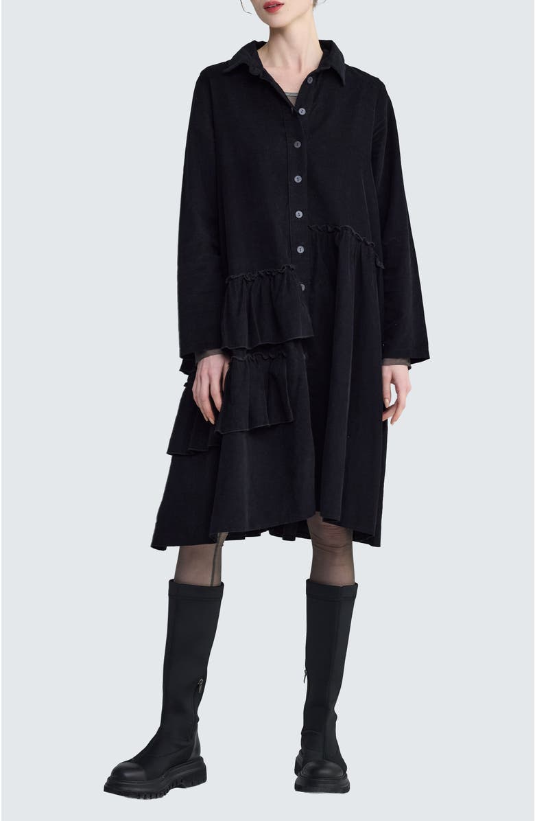 LUUKAA Isolde Ruffled Cord Velvet Shirt Dress, Main, color, Black