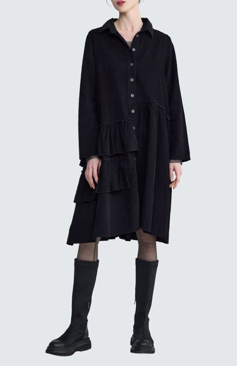 Isolde Ruffled Cord Velvet Shirt Dress