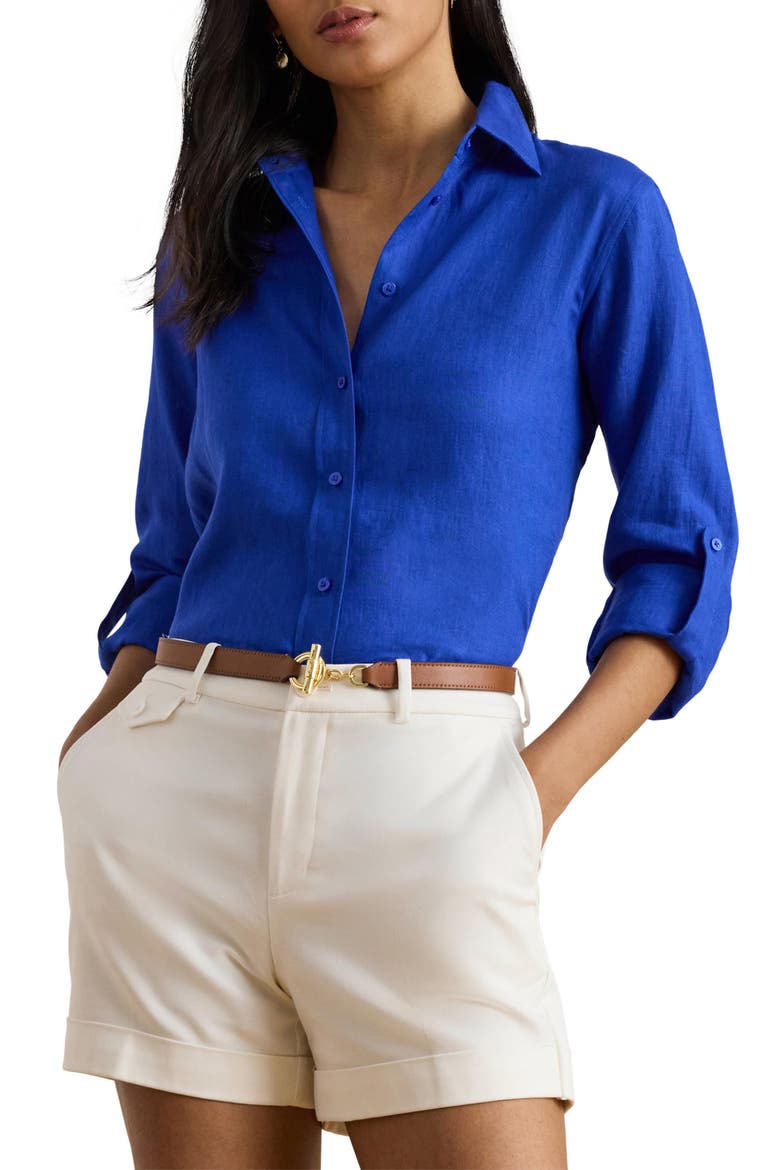 Relaxed Fit Linen Roll Tab Sleeve Shirt, Main, color, BLUE