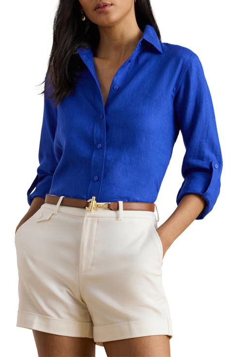 Lauren Ralph Lauren Relaxed Fit Linen Roll Tab Sleeve Shirt (Petite)