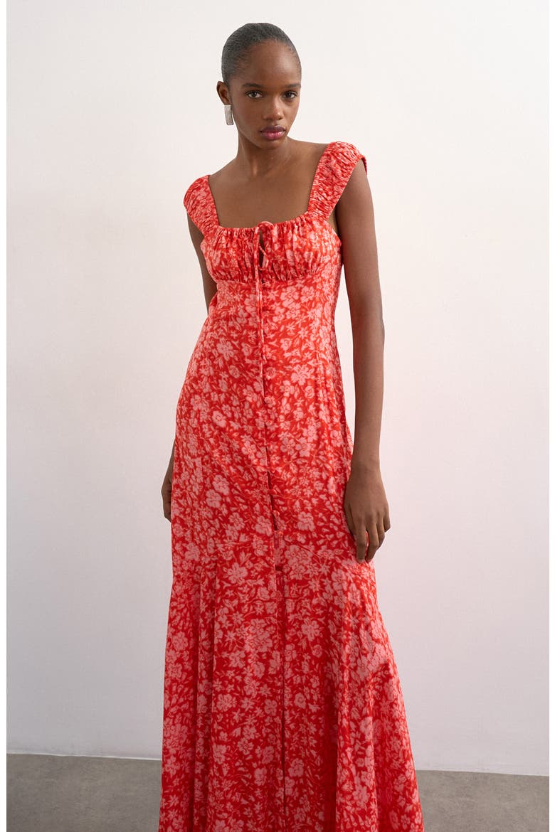 Button Front Cap Sleeve Maxi Dress, Alternate, color, RED