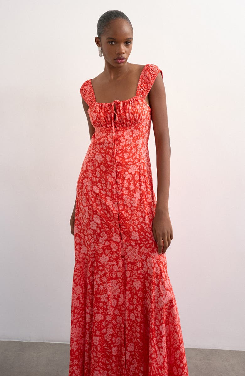 Topshop Button Front Cap Sleeve Maxi Dress, Alternate, color, Red