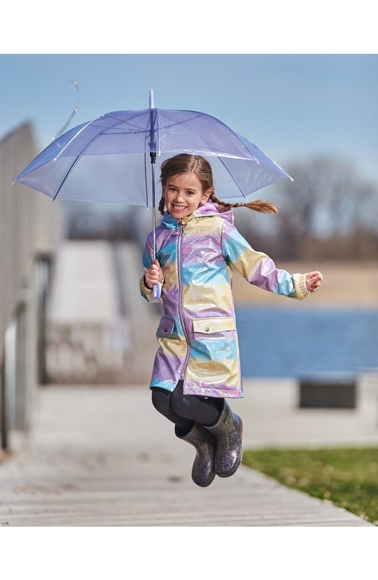 Deux par Deux Little Girl's Printed Rain Coat With Hat Mauve Blue And Yellow Glitter Gradient, Alternate, color, 