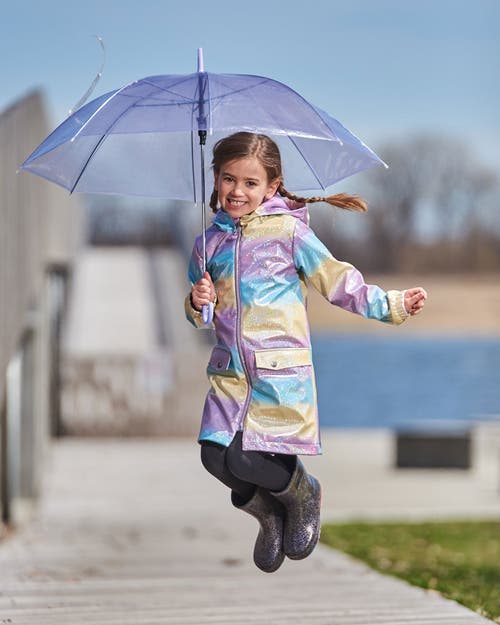 DEUX PAR DEUX DEUX PAR DEUX LITTLE GIRL'S PRINTED RAIN COAT WITH HAT MAUVE BLUE AND YELLOW GLITTER GRADIENT