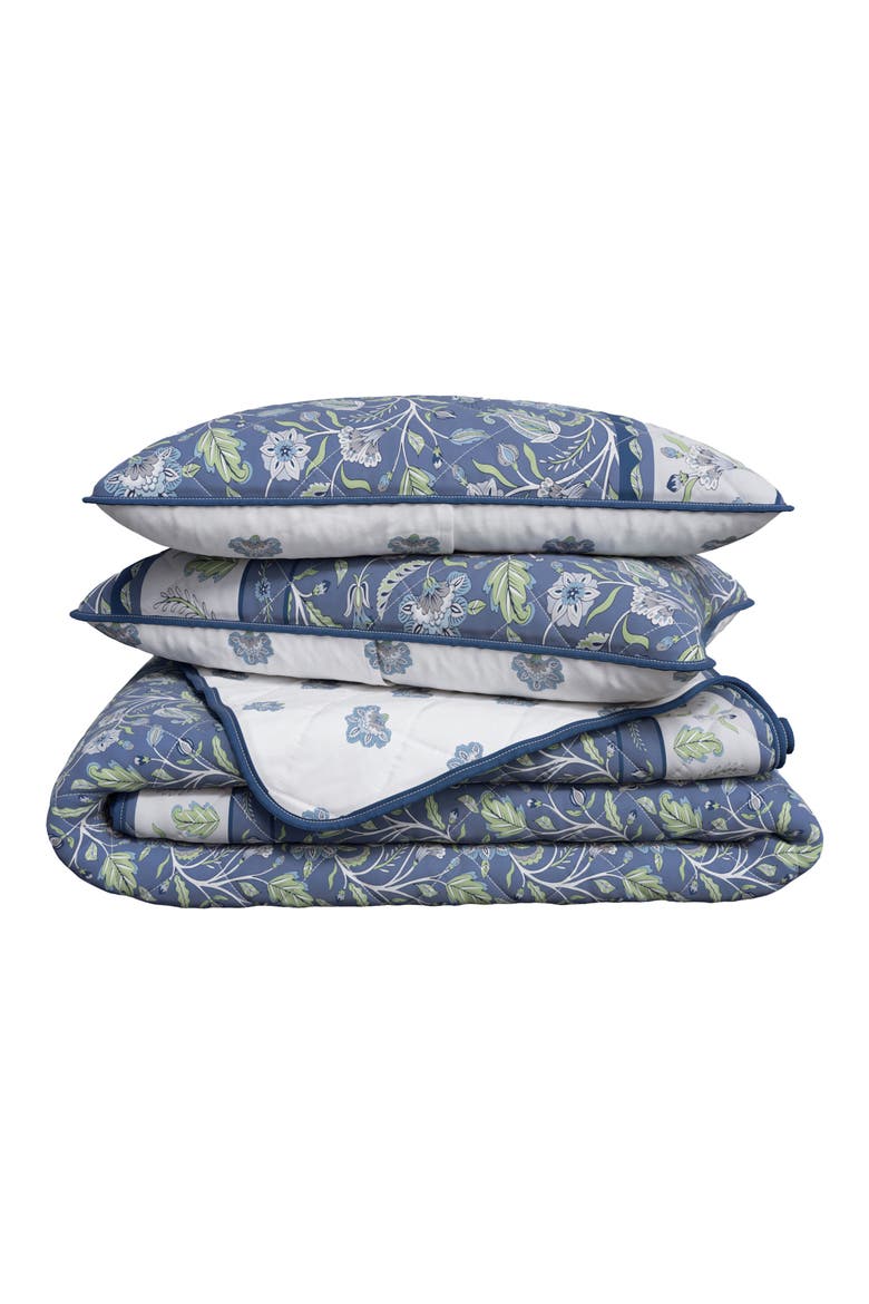 Boho Block Print Floral Cotton Quilt & Sham Set, Main, color, REGAL GARDEN - BLUE