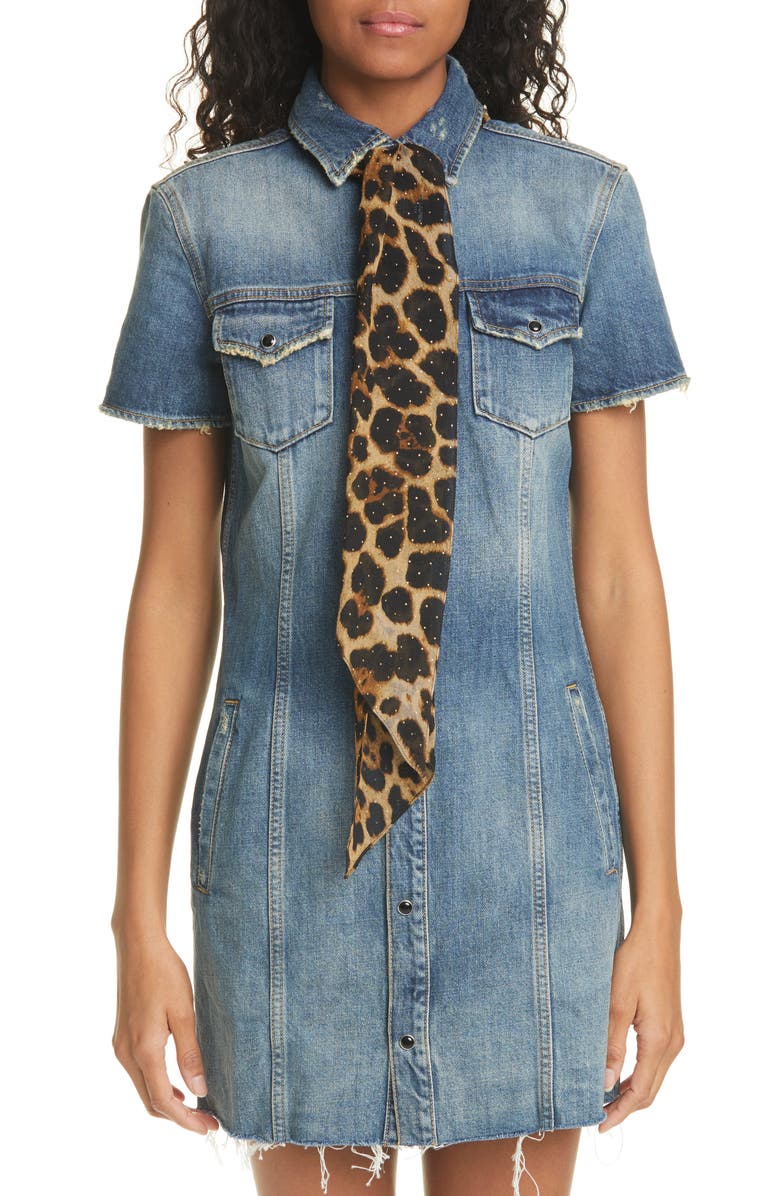 Saint Laurent Lavarille Studded Leopard Print Wool Scarf, Alternate, color, 