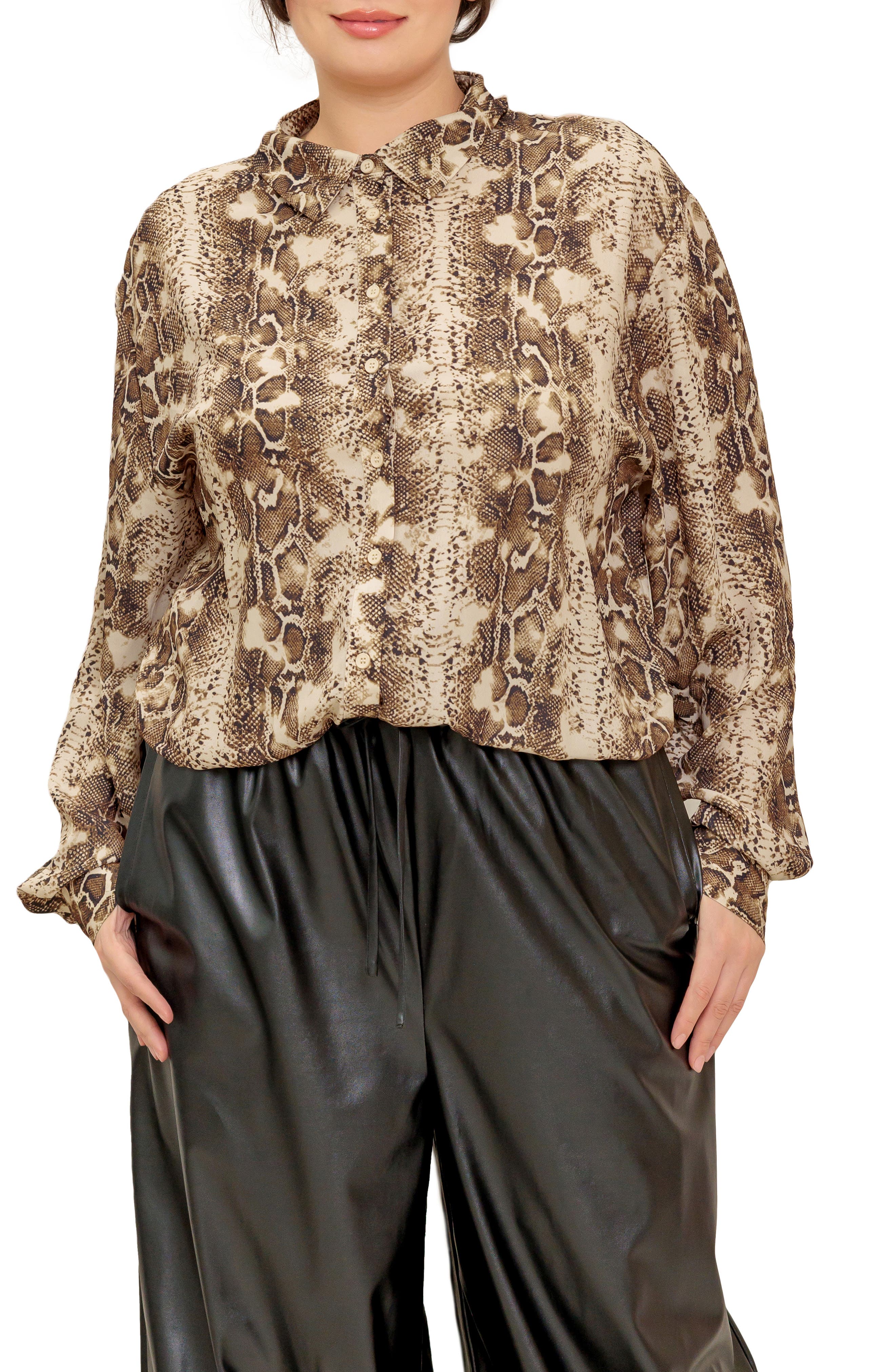 FLYING TOMATO Snakeskin Print Button-Up Shirt