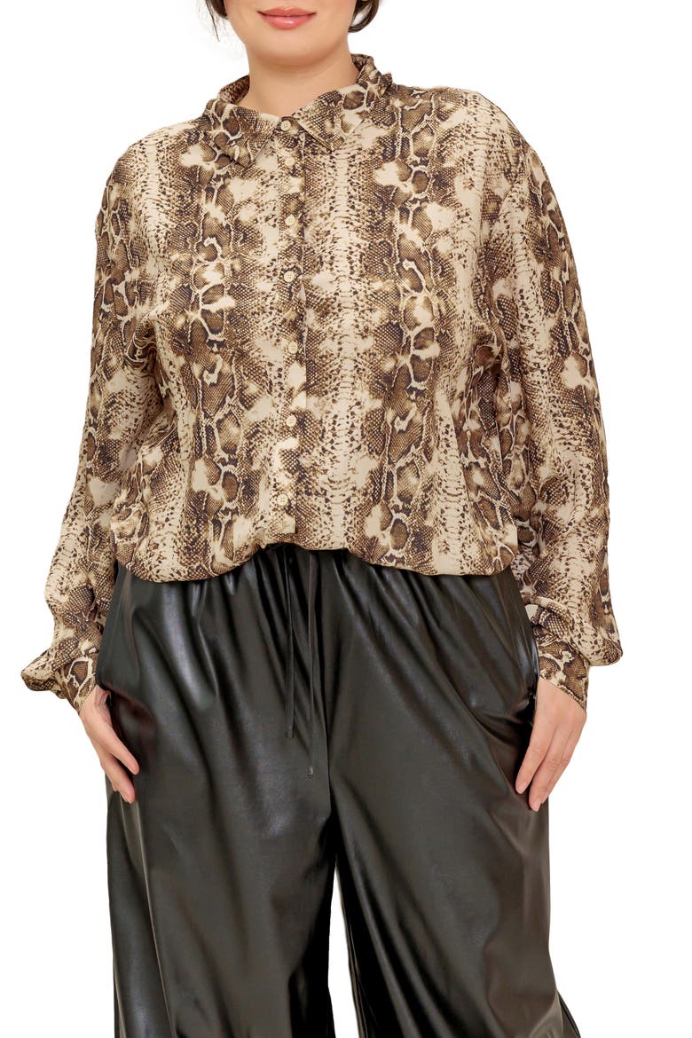 Snakeskin Print Button-Up Shirt, Main, color, TAUPE BROWN