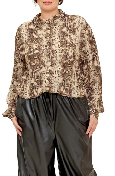 Snakeskin Print Button-Up Shirt (Plus)