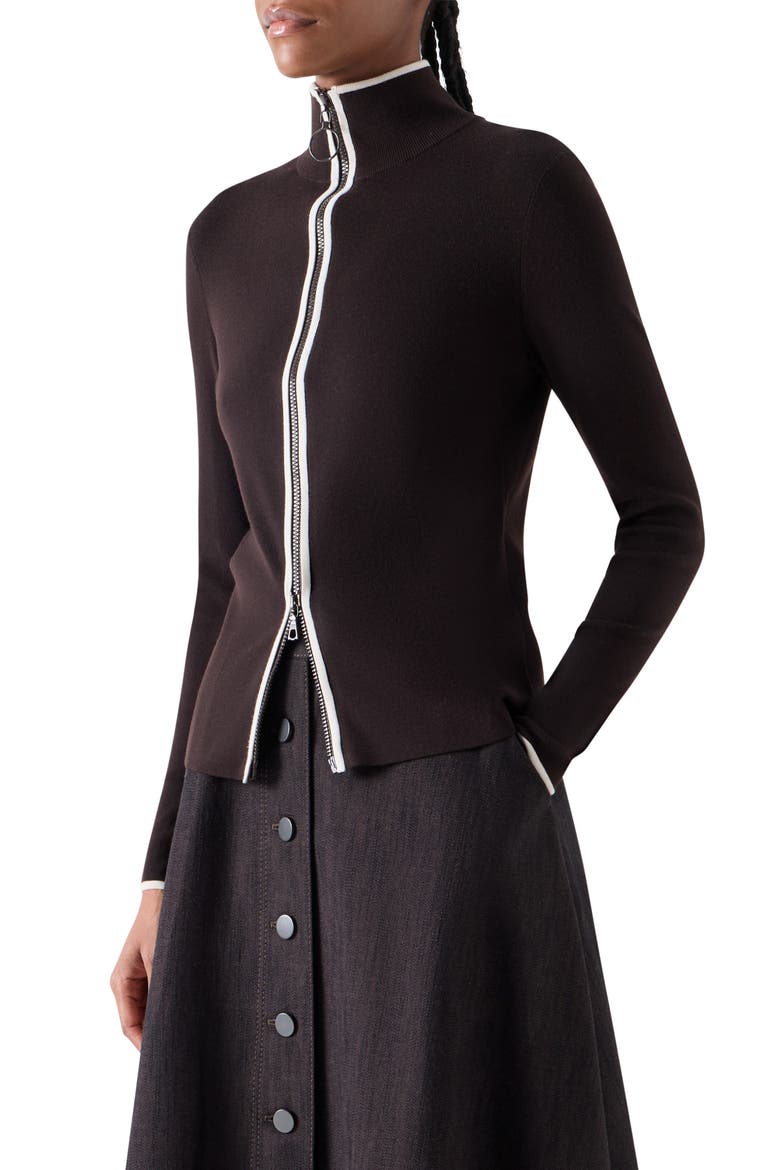 Tipped Wool Zip Cardigan, Alternate, color, ESPRESSO-CREAM
