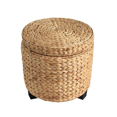 Happimess Addie 17.72" Modern Coastal Handwoven Water Hyacinth Storage Ottoman With Lid