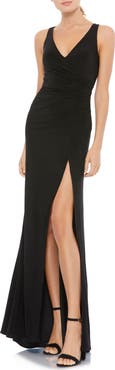 Ieena for Mac Duggal Ruched Stretch Jersey V-Neck Gown