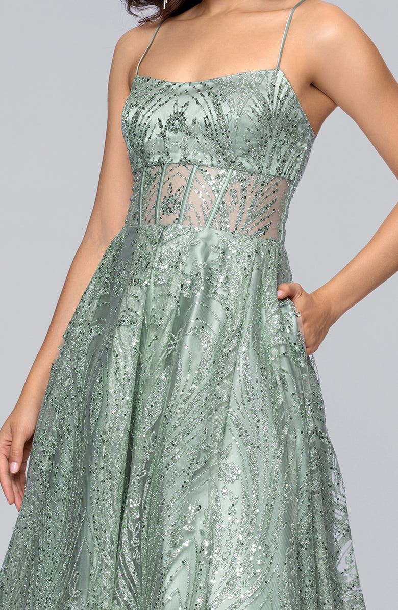 Blondie Nites Glitter Sequin Illusion Bodice Ballgown, Alternate, color, 