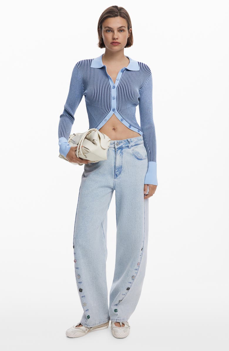 Desigual Stripe Collared Cutaway Cardigan, Alternate, color, Blue