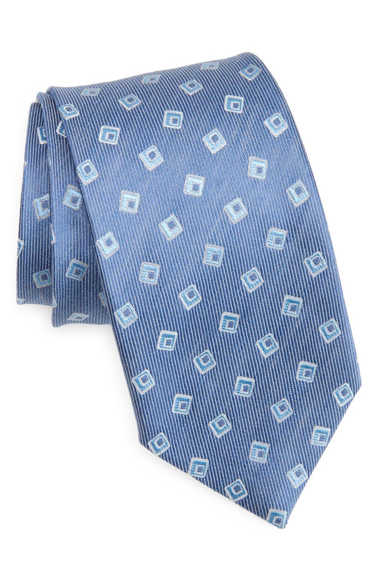 David Donahue Geometric Silk & Linen Tie, Main, color, Denim
