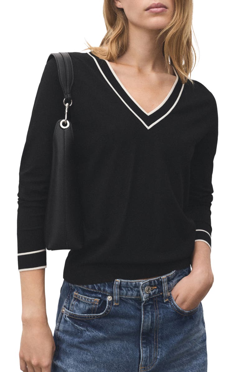 MANGO Contrast V-Neck Sweater, Main, color, Black