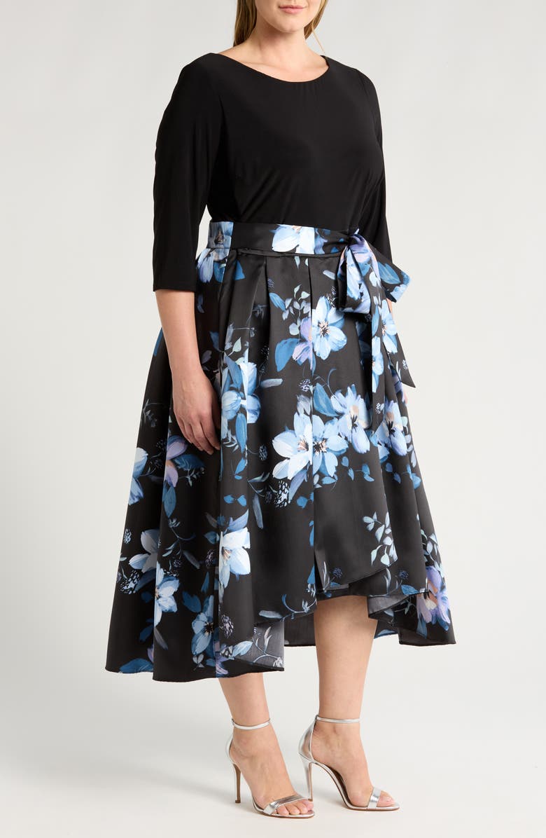 SL FASHIONS Floral Tie Waist Mikado Cocktail Dress, Alternate, color, 