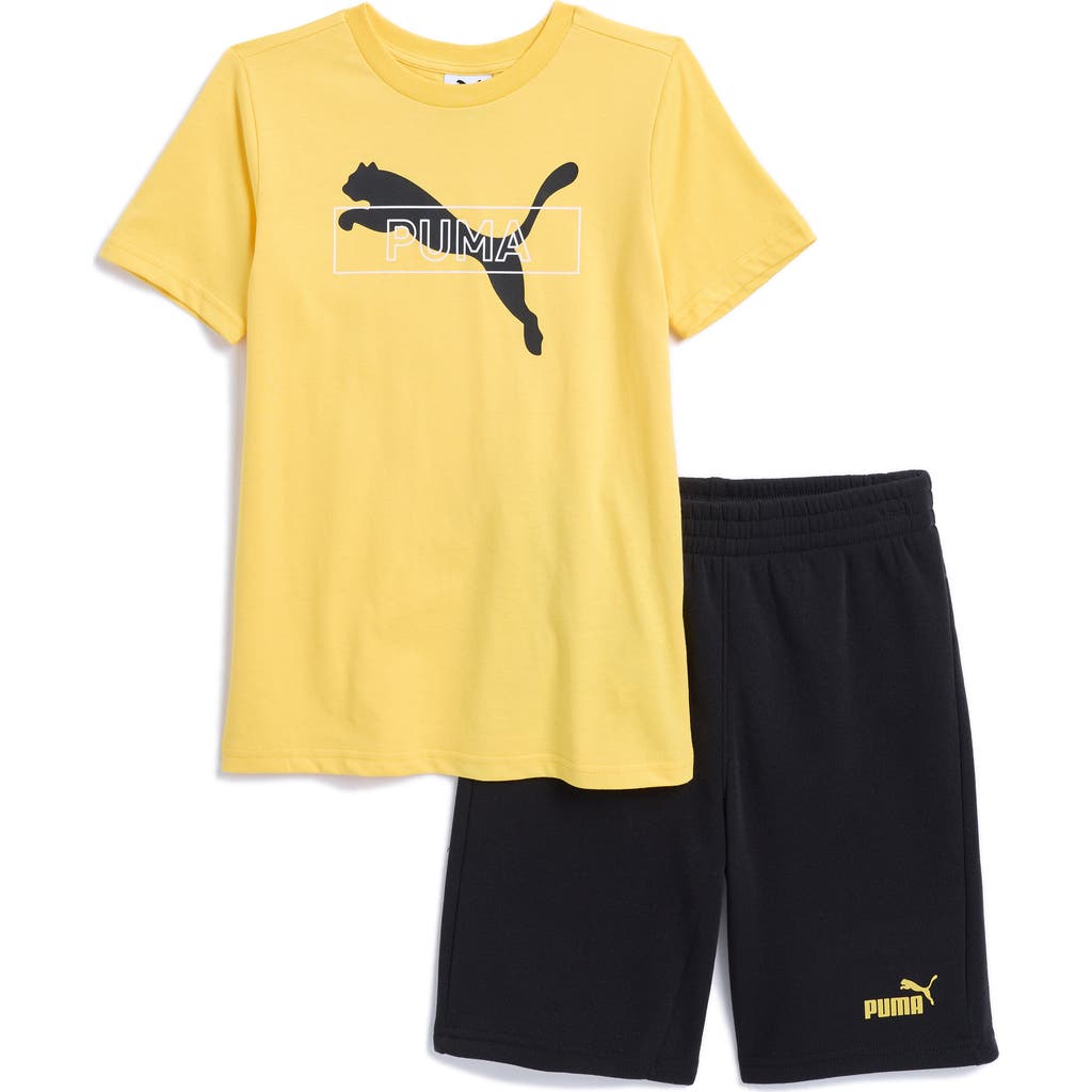 Shop Puma Kids' Graphic T-shirt & Fleece Shorts Set In Sunny Yellow