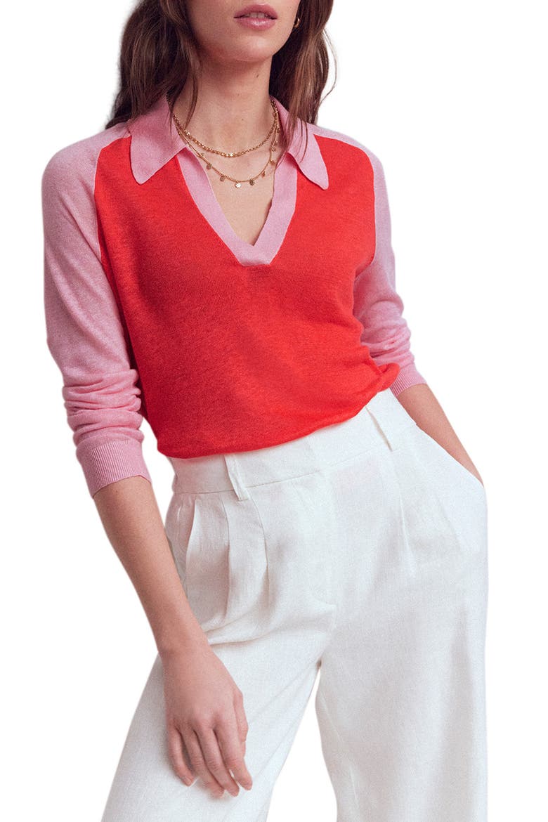 Agnes Colorblock Johnny Collar Sweater, Main, color, SUNKISSED CORAL/ ORCHID SMOKE