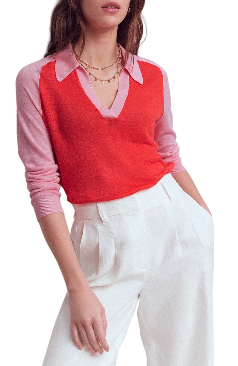 Boden Agnes Colorblock Johnny Collar Sweater, Main, color, Sunkissed Coral/ Orchid Smoke
