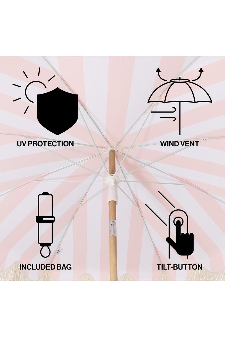 Mariner Coastal Round Outdoor Beach Umbrella with Fringe Trim, Push-Button Tilt, UV 50 Canopy and Wood-Finish Pole, Alternate, color, Coral Pink - Light Brown Pole