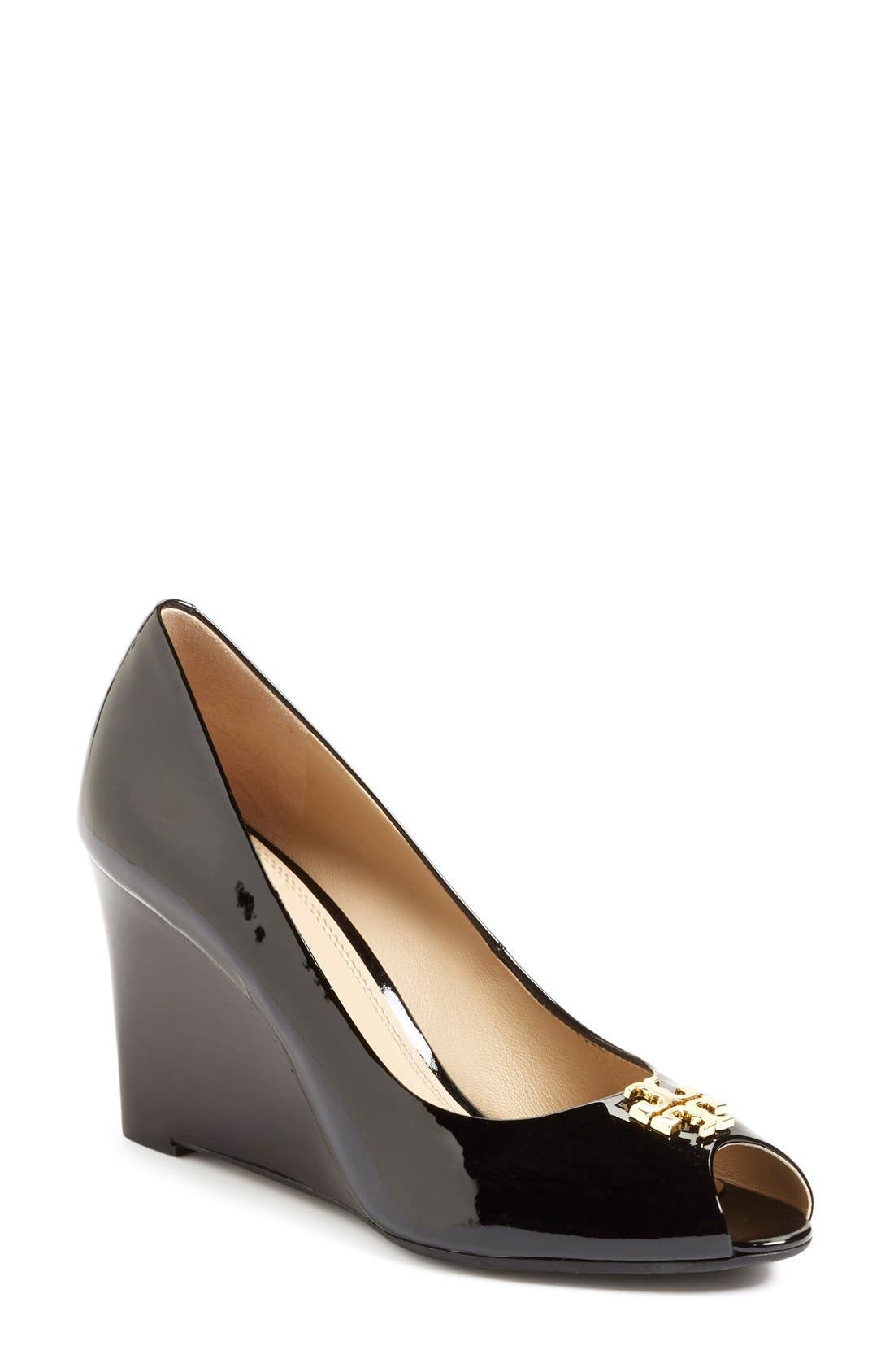 'Jade' Peep Toe Wedge (Nordstrom Exclusive), Main, color, BLACK PATENT LEATHER