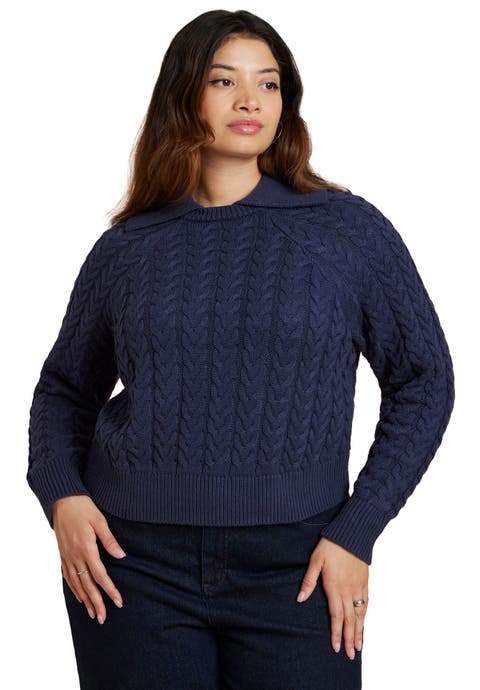 Cableknit Sweater With Wide Collar (Plus)