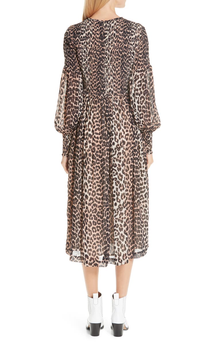 Ganni Leopard Print Georgette Midi Dress, Alternate, color, 