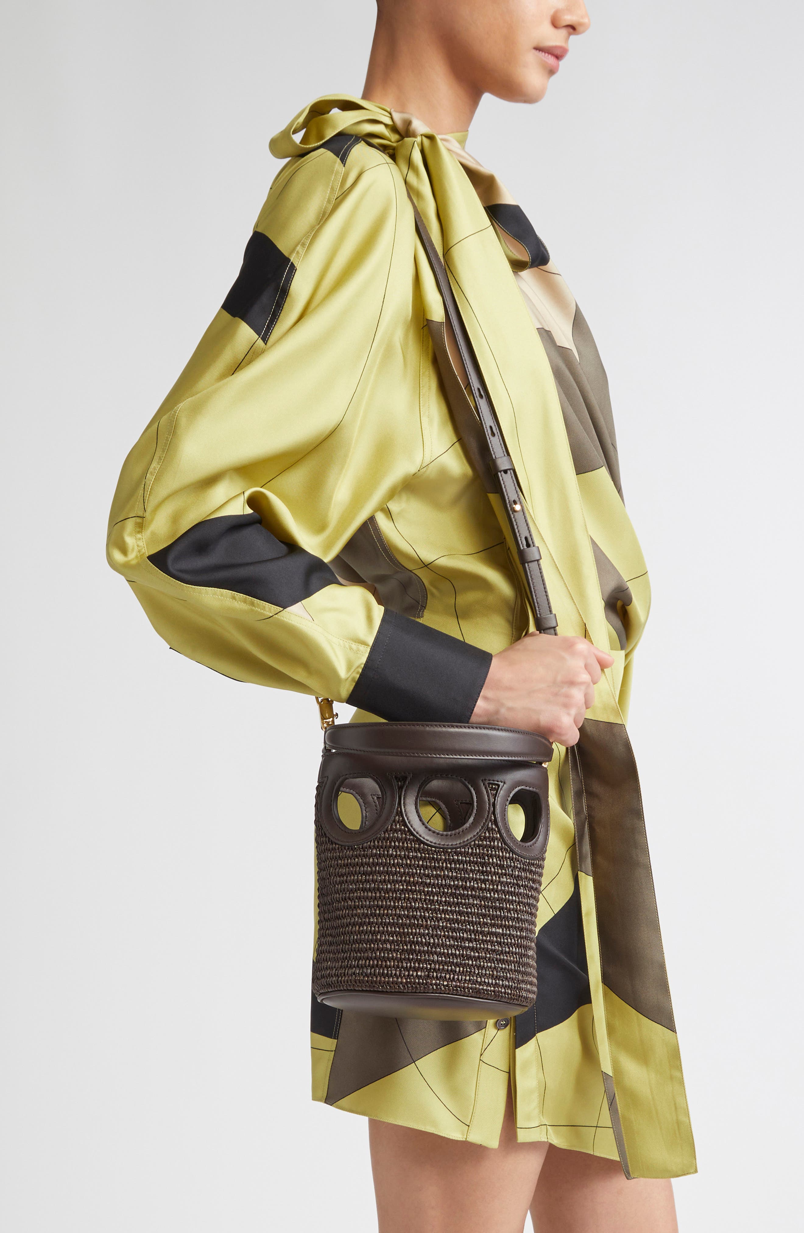 FERRAGAMO Mini Gancio Outline Raffia Bucket Bag, Alternate, color, T Moro/ Testa Di Moro