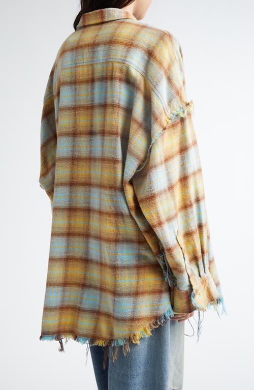 R13 Shredded Seam Drop Neck Plaid Flannel Button-up Shirt In Light Blue/yellow Plaid