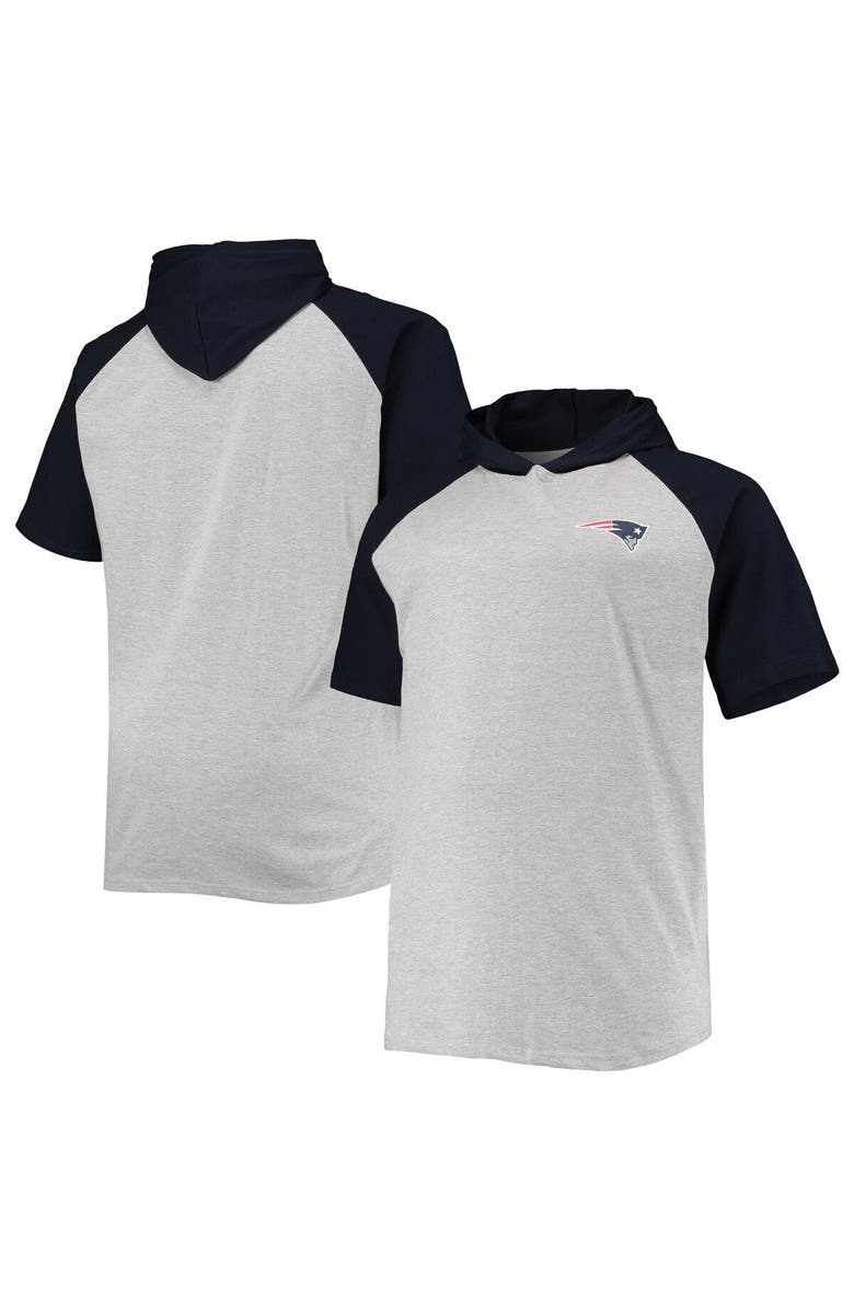 PROFILE Men's Heathered Gray/Navy New England Patriots Big & Tall Raglan Short Sleeve Pullover Hoodie, Main, color, 
