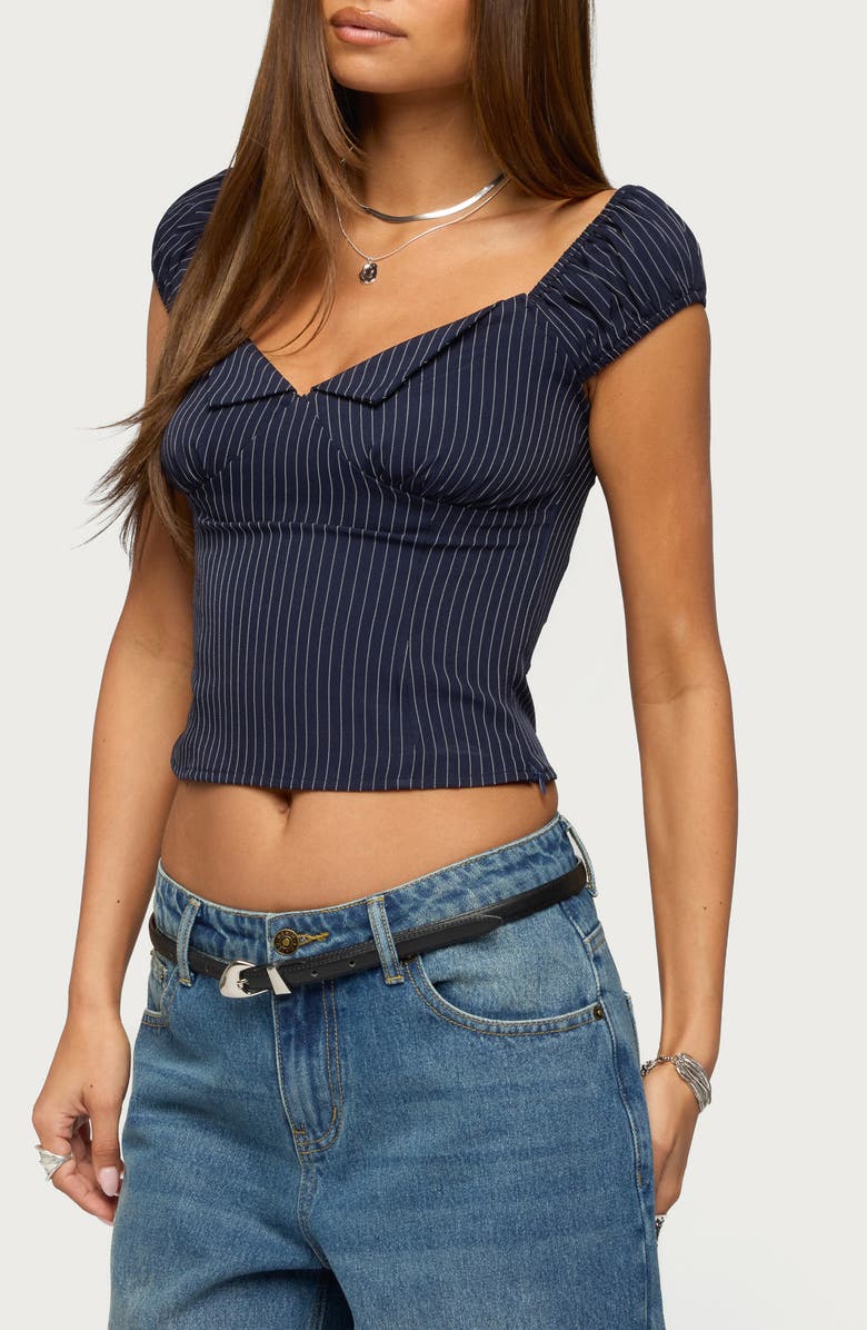 EDIKTED Eugenia Pinstripe Crop Top, Alternate, color, Navy-And-White
