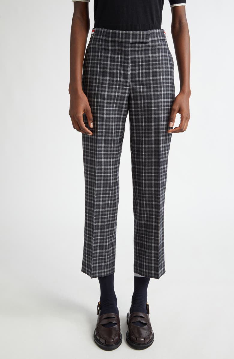 Thom Browne Gingham Side Tab Wool Trousers, Main, color, Charcoal