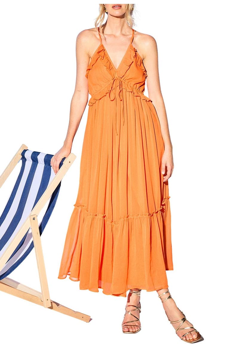 Warehouse Chiffon Ruffle Strappy Floaty Maxi Dress, Alternate, color, Orange