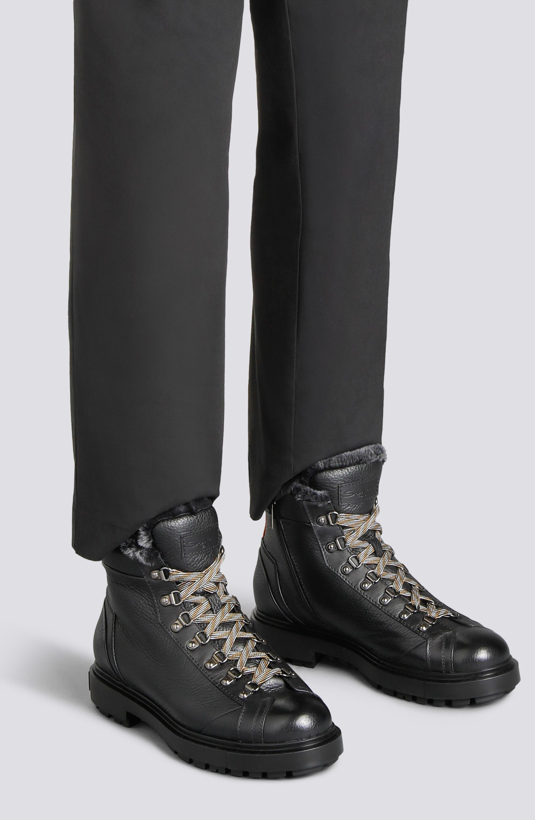 Santoni Genuine Shearling Lug Sole Boot, Alternate, color, Black