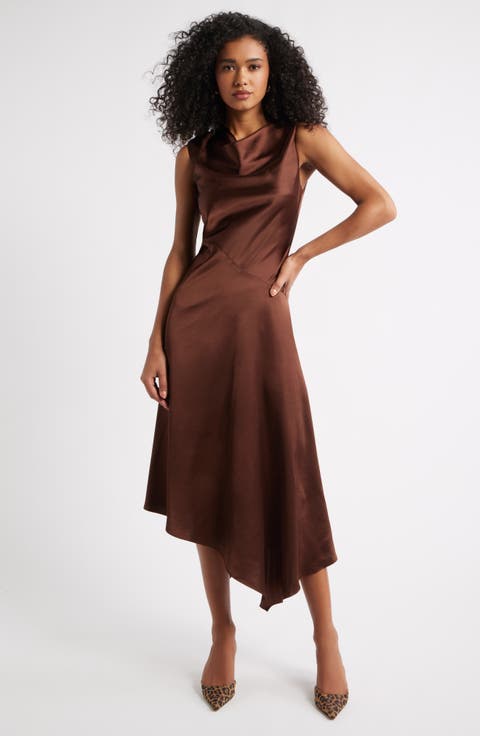 Cowl Neck Asymmetric Satin Midi Dress