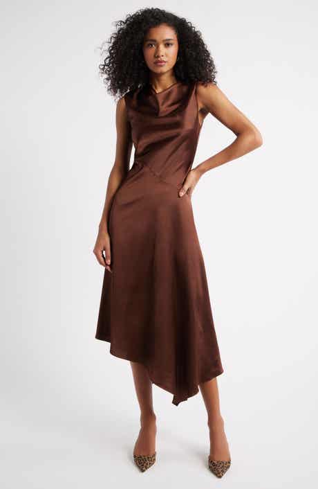 Open Edit Cowl Neck Asymmetric Satin Midi Dress