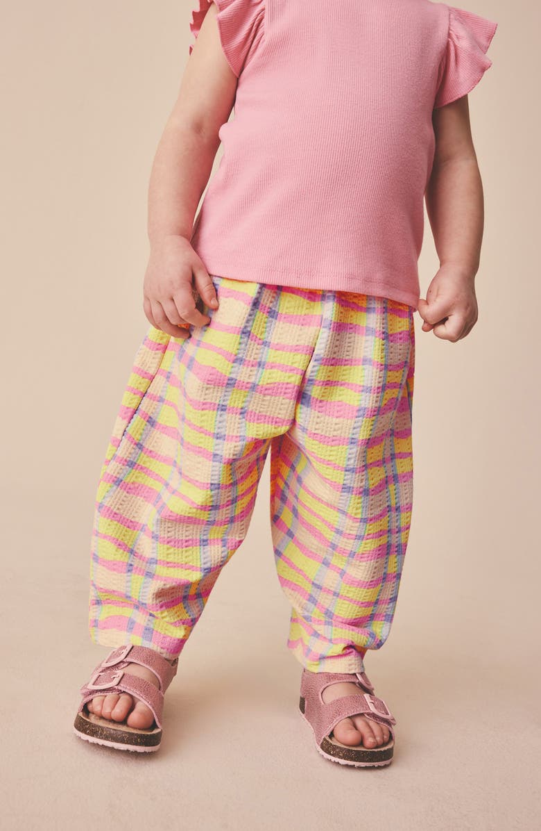 NEXT Kids' Crinkled Wide Leg Stretch Cotton Pants, Alternate, color, Pink/Yellow