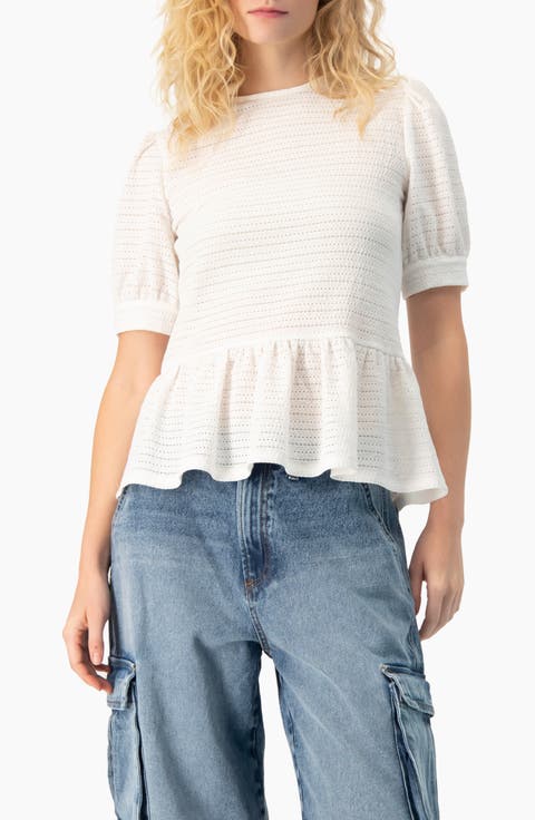 Tonal Stripe Textured See-Through Peplum Short-Sleeve Blouse