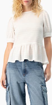 IVONNE Tonal Stripe Textured See-Through Peplum Short-Sleeve Blouse