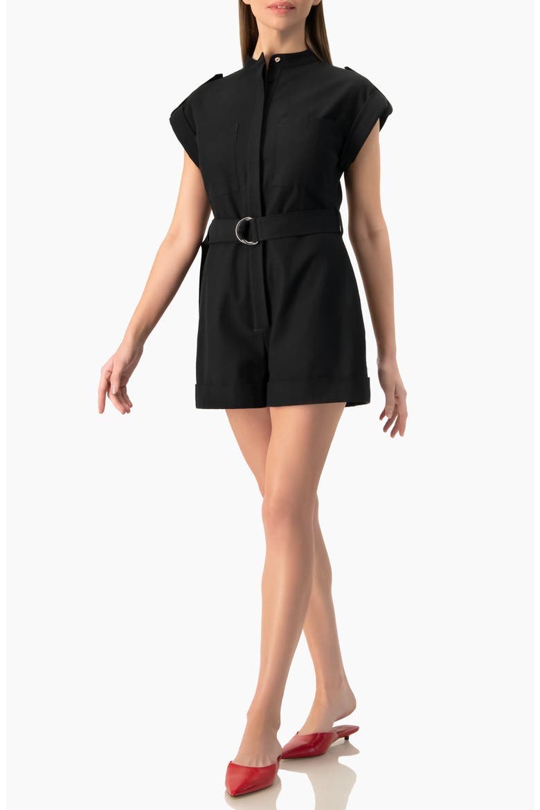 Structured D-Ring Belt Collared Sleeveless Jumpsuit Romper, Alternate, color, Black