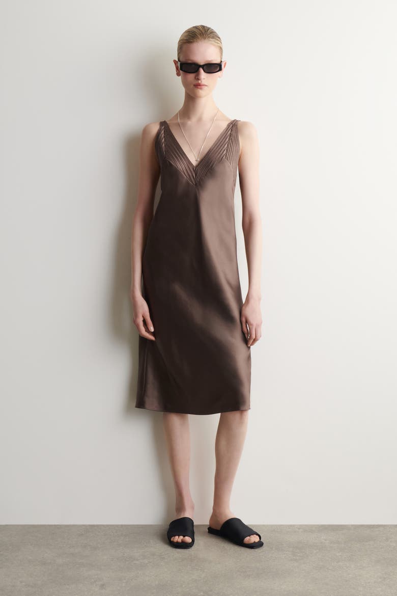 Open-stitch Satin Slip Dress, Main, color, BROWN